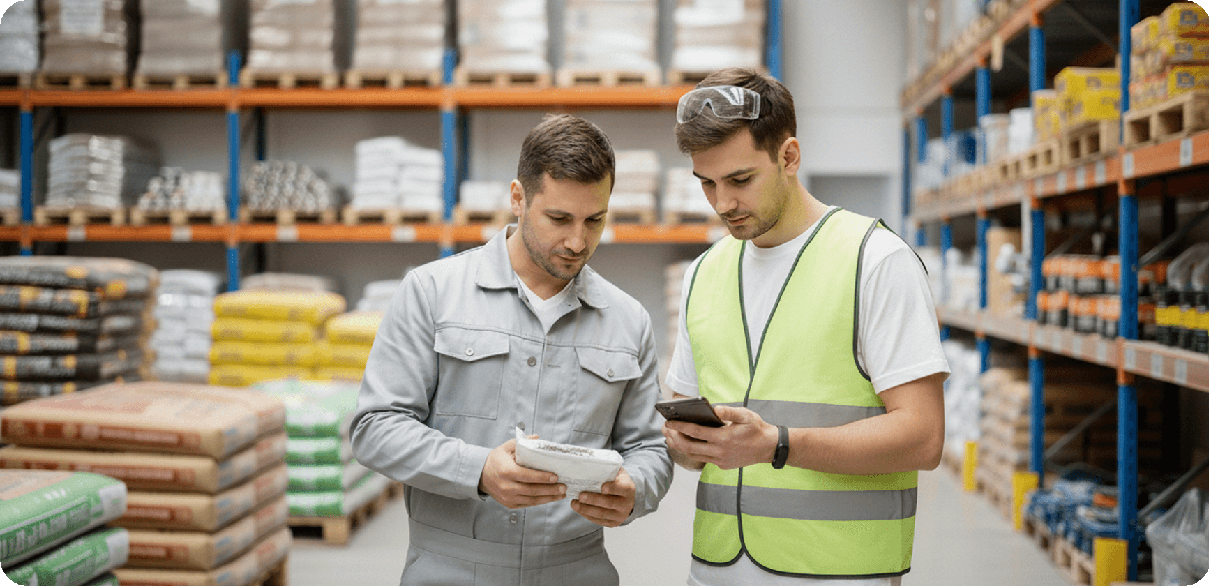 Agent de vânzări într-un magazin de materiale de construcții, introducând o comandă client pe dispozitiv mobil.