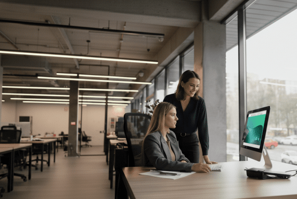 Două persoane analizând informații pe computer într-un birou modern
