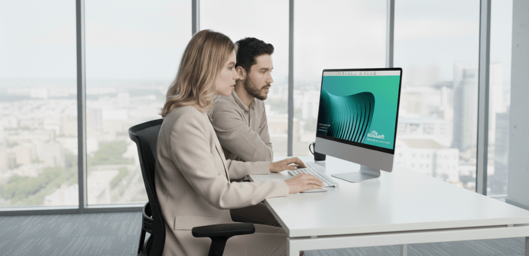 Doi angajați lucrând la calculator, analizând procese automatizate într-un software de gestiune.