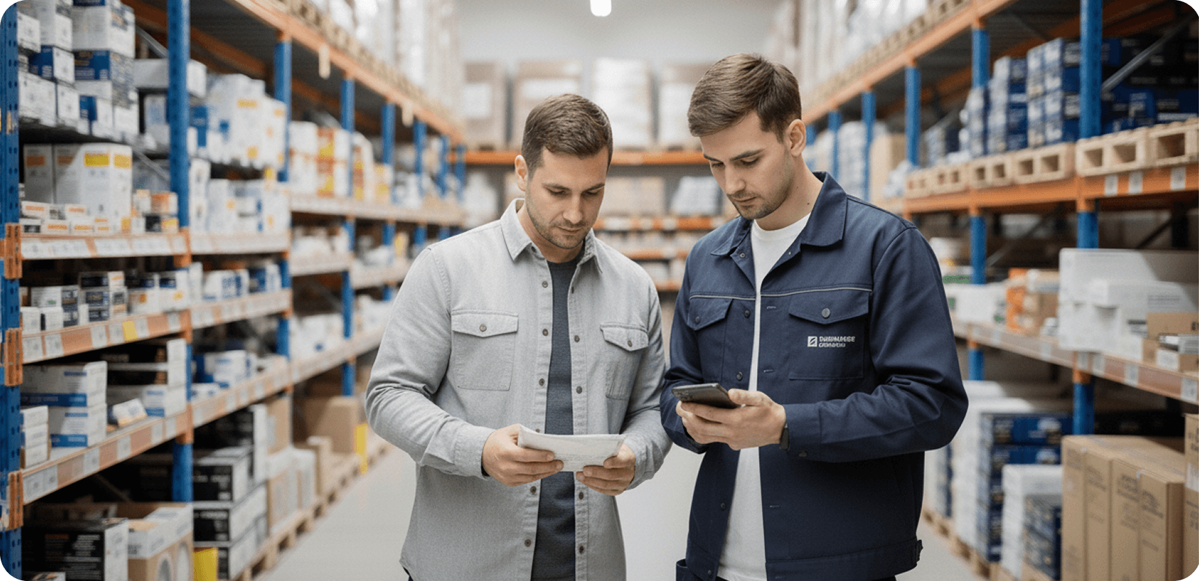 Agent de vânzări într-un magazin de materiale electrice, introducând o comandă client pe dispozitiv mobil.