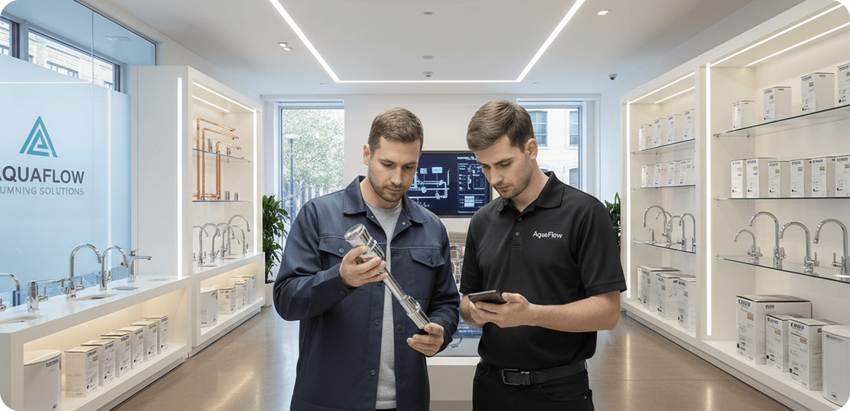 Agent de vânzări într-un magazin de instalații sanitare, introducând o comandă client pe dispozitiv mobil.
