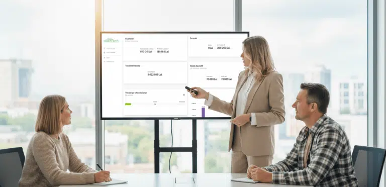 Prezentare a unui dashboard de gestiune în fața unor clienți, ilustrând analiza datelor din companie.