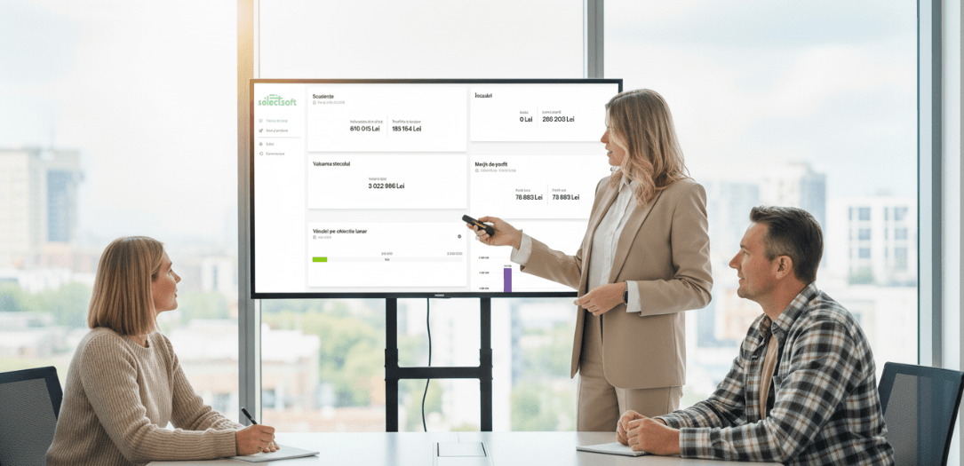 Prezentare a unui dashboard de gestiune în fața unor clienți, ilustrând analiza datelor din companie.