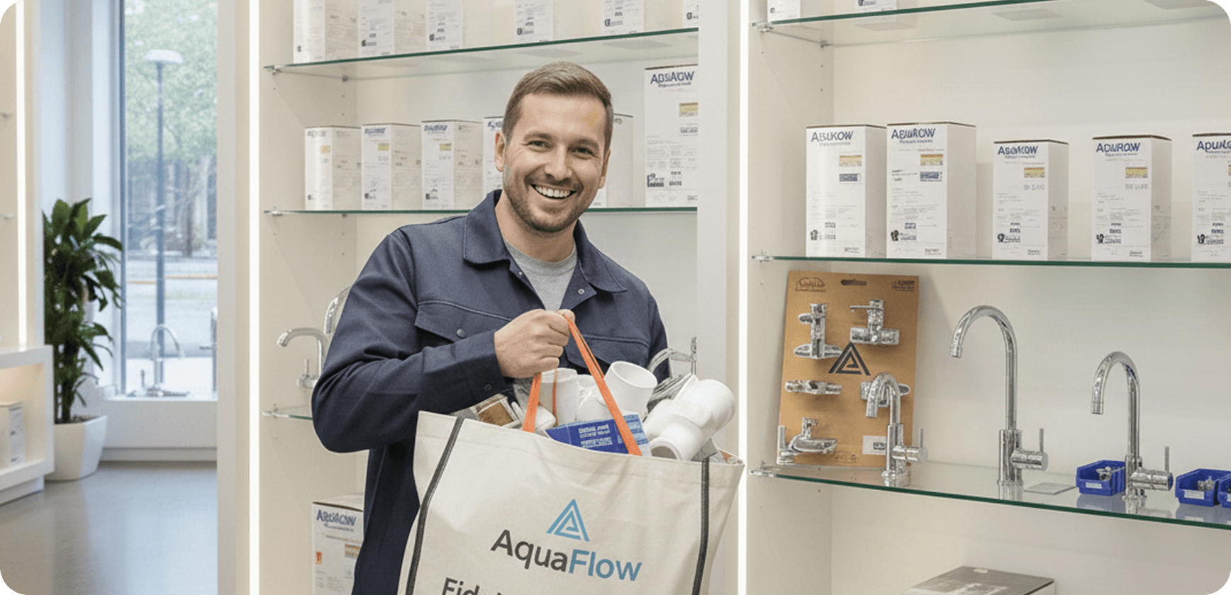 Instalator într-un magazin de instalații sanitare, participând la un program de fidelizare.
