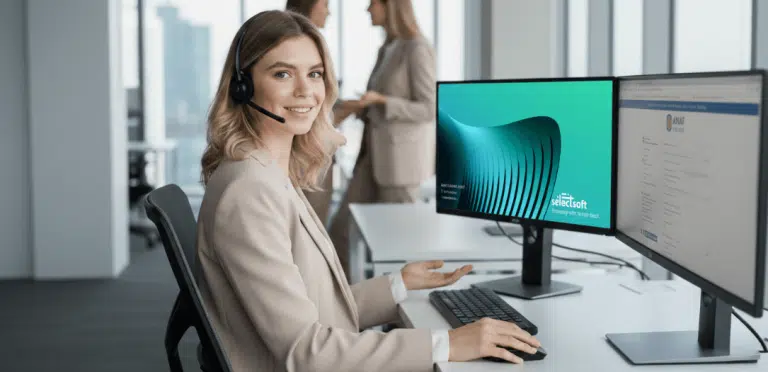 Operator lucrând la calculator, gestionând cerințe legislative precum e-Factura și SAF-T într-un software de gestiune.