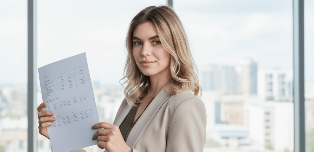 Persoană prezentând un document financiar, ilustrând costul estimativ al investiției într-un software de gestiune.