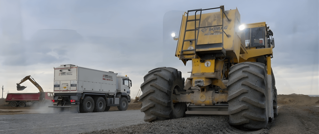 Utilaj de stabilizare a solului în lucru pe șantier de infrastructură Mithras Build