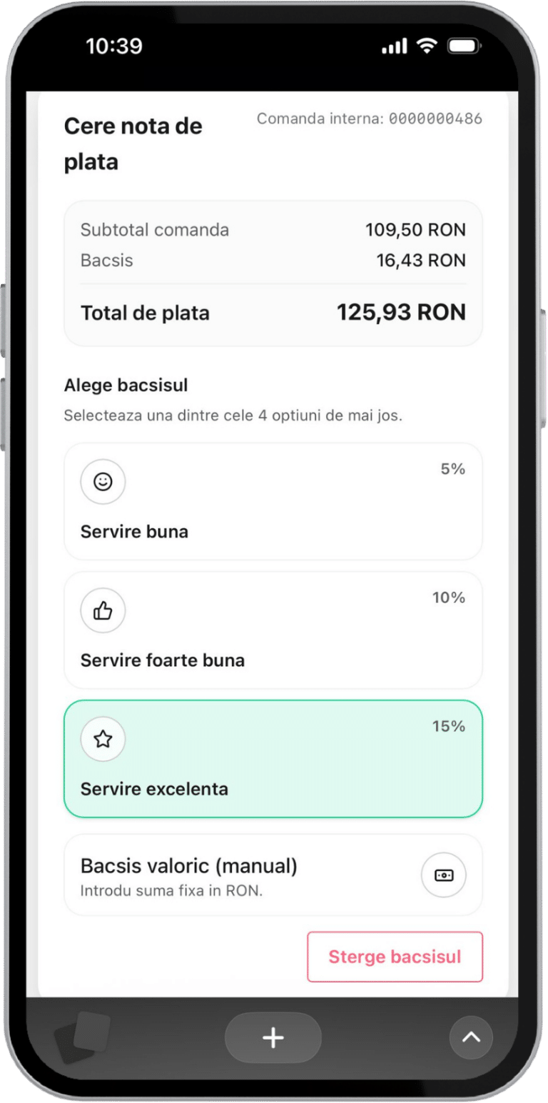 vizualizare notă de plată și bacșiș self order restaurant pe telefon